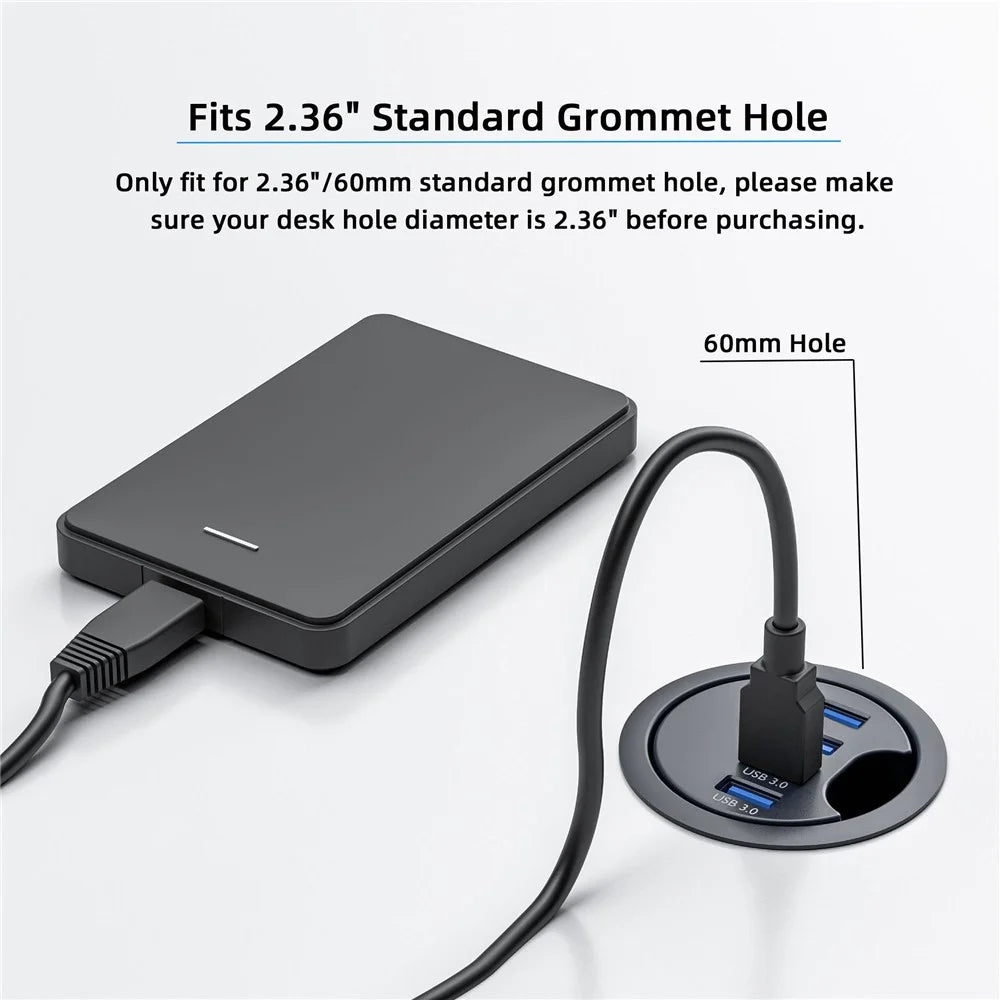 U3-095-HUB01 USB 3.0 Hub 4 USB3.0 Ports 60mm Computer Desk Grommet Splitter Dock Station - 5