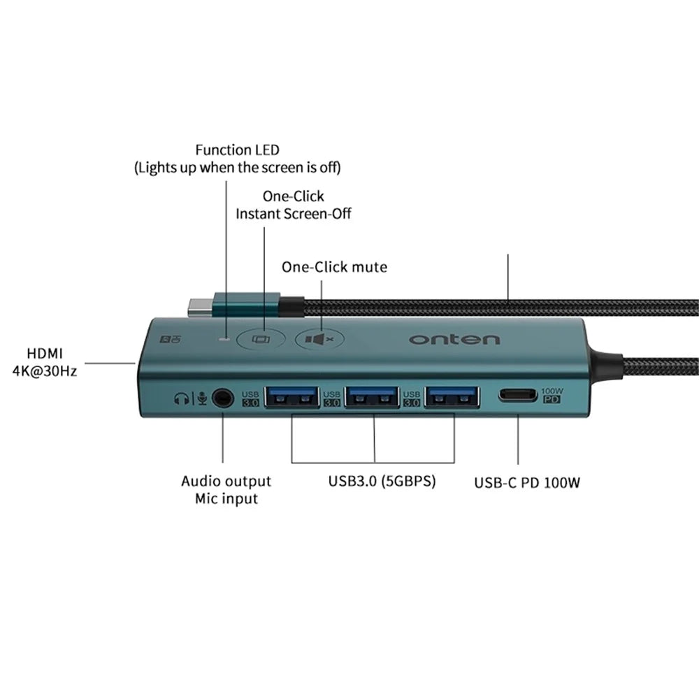 ONTEN UC123+ 15cm Cable Type-C to HD+3xUSB3.0+USB-C+3.5mm Ports USB Hub Adapter with Buttons - Green - 2