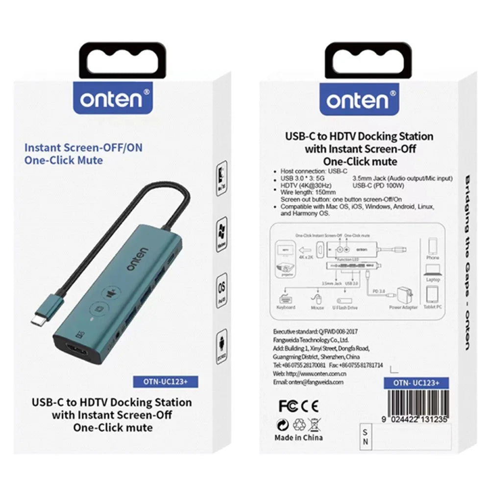 ONTEN UC123+ 15cm Cable Type-C to HD+3xUSB3.0+USB-C+3.5mm Ports USB Hub Adapter with Buttons - Green - 7