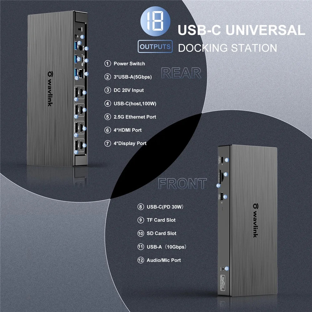 WAVLINK 5K Quadruple Display USB C Universal Docking Station 18-in-1 Laptop Dock DP / HD PD 100W for Macbook / Windows - US Plug - 3