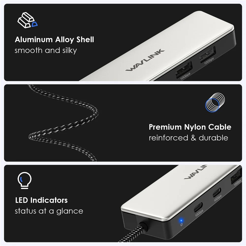 WAVLINK UH30420 Aluminum Alloy USB Hub 4-Port 10Gbps High Speed ??USB3.2 Gen2 Distributor - 6