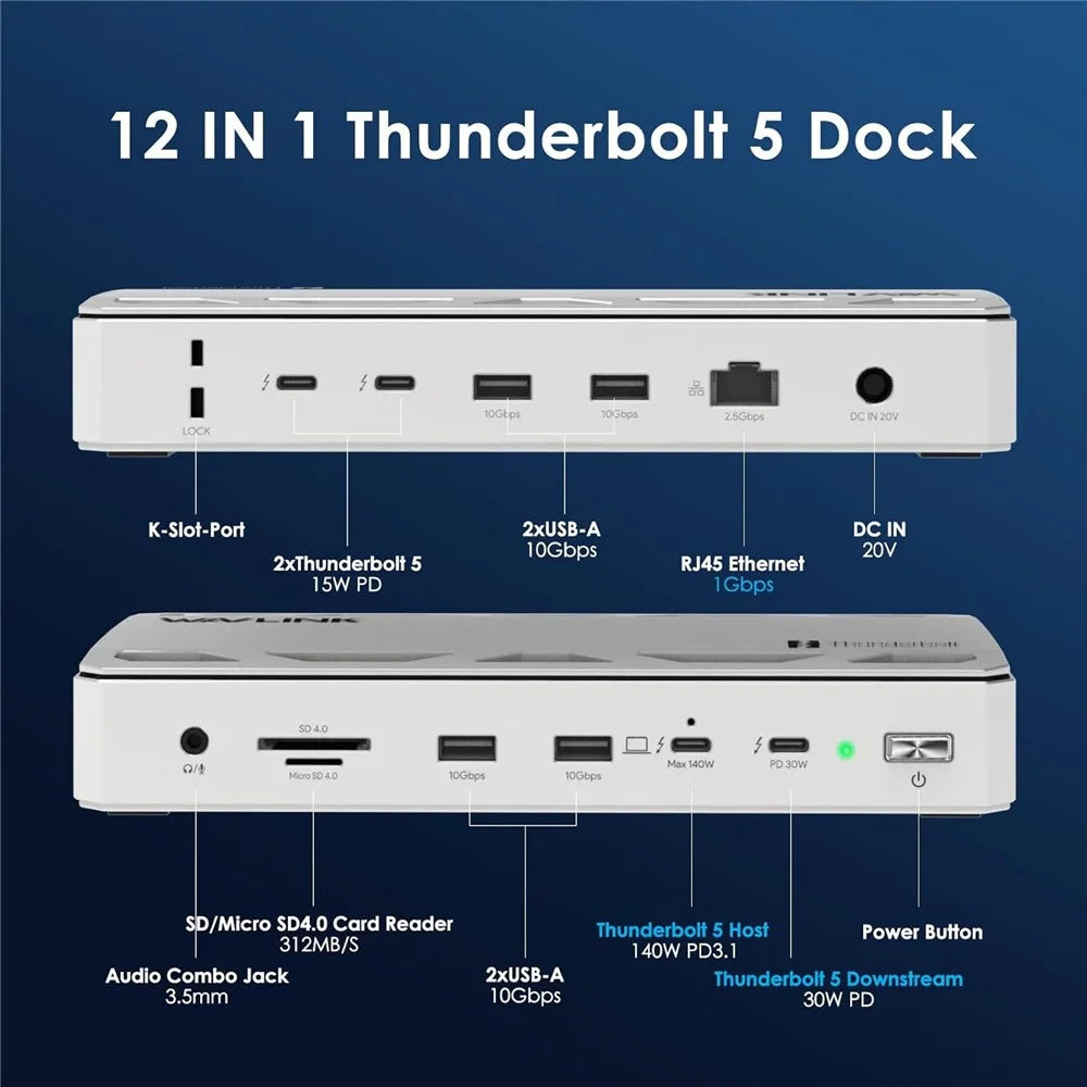 WAVLINK UTD58 12-in-1 Thunderbolt 5 Docking Station for Laptops 120Gbps 140W PD Hub Adapter - US Plug - 3