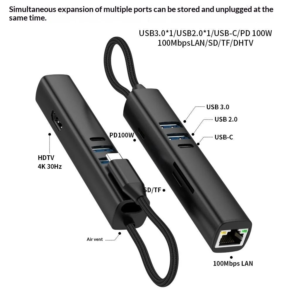 TYS-8HD Type-C to HDTV 8-in-1 USB-C Hub 5Gbps 100W PD 4K HD Docking Station Multi-Port Adapter for Laptop - Black - 3