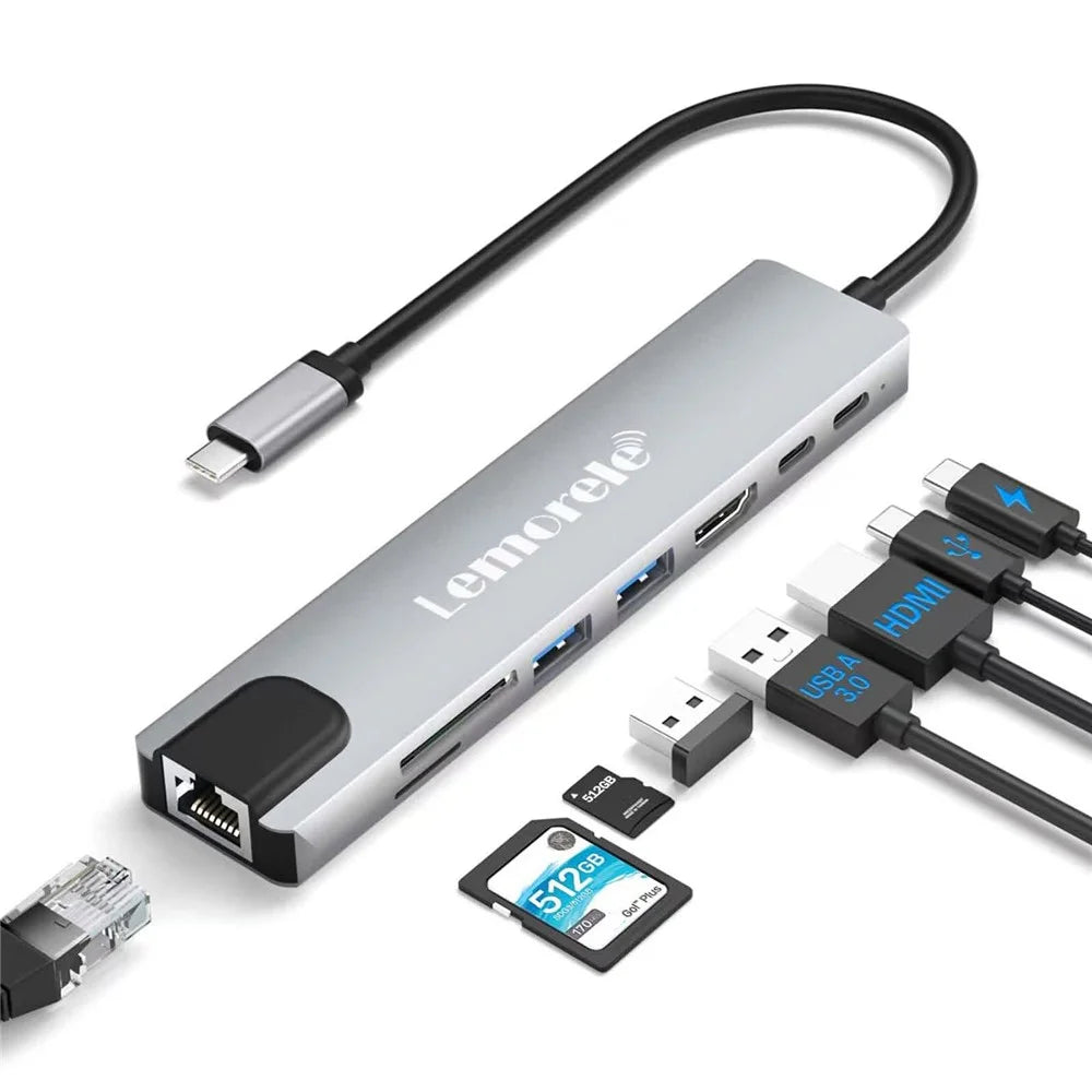 LEMORELE TC19L 8 in 1 USB-C Hub PD 65W Charging 4K HD Gigabit Ethernet Expansion Dock SD / TF Card Reader - Silver Grey - 2