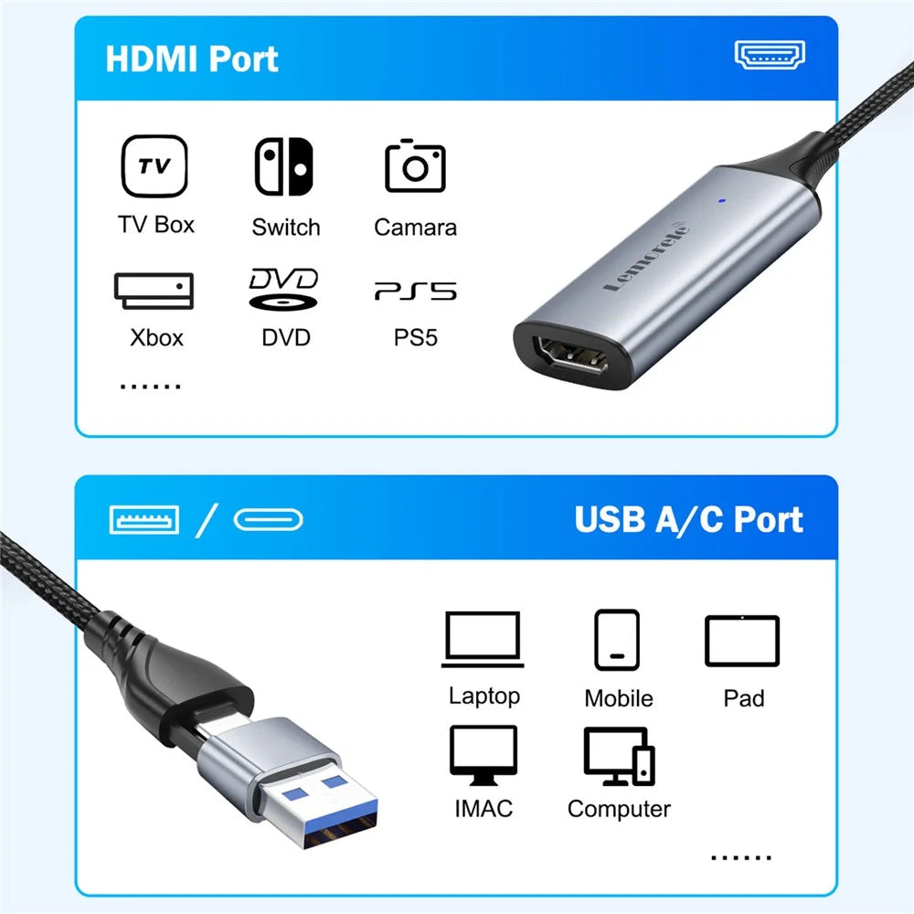 LEMORELE AC05 HD Video Capture Card USB-A Type-C Dual Interface Capture Card Recorder Adapter for Game Streaming Recording - Grey  /  Silver - 2