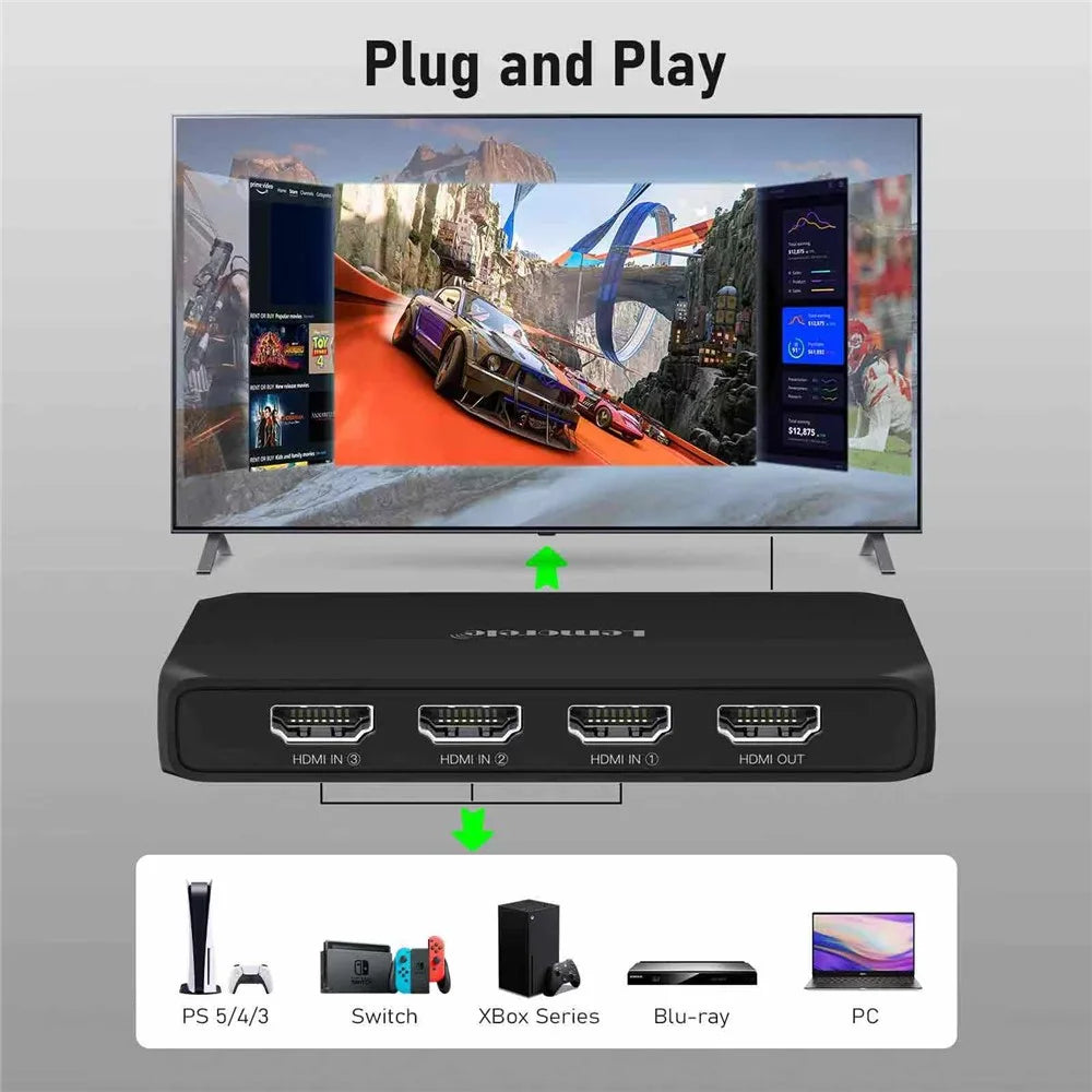 LEMORELE G99 3 Input 1 Output HD Switch with Remote Control 4K@30Hz Automatically Filters Channels Shared Switcher for Gaming Console PC TV - Black - 7