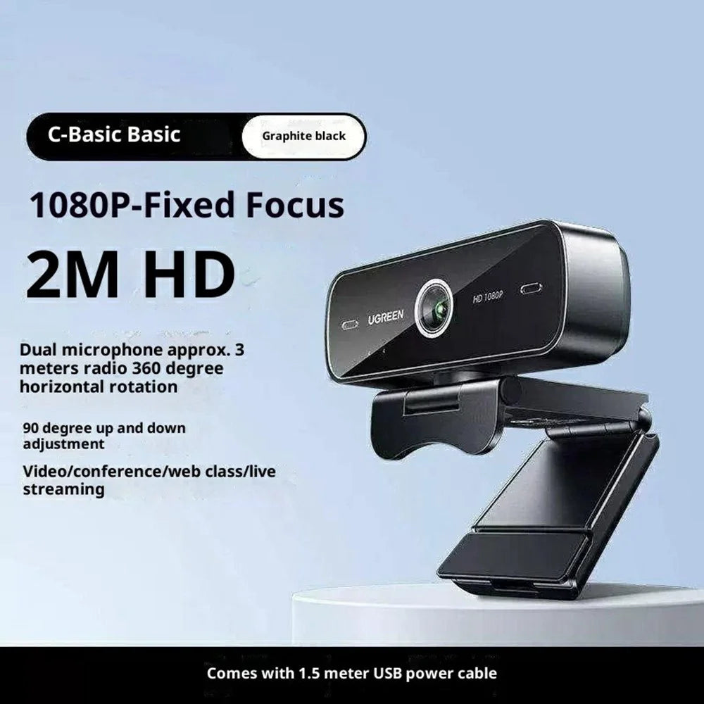 UGREEN CM925-75587 USB Webcam 1080P HD Camera Built-in Dual Microphone for Video Conference - Black - 2