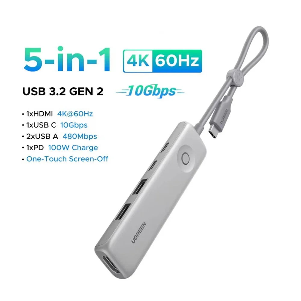 UGREEN U601 95189 5 in 1 USB-C Hub 4K / 60Hz HD PD 100W Fast Charging USB 3.2 Gen2 10Gbps Type-C Docking Station for MacBook Laptop - Silver White - 2