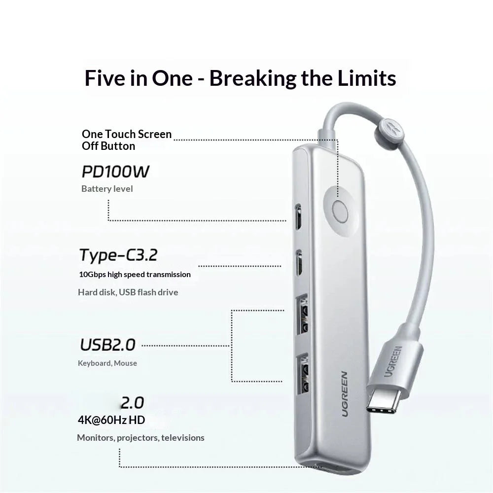 UGREEN U601 95189 5 in 1 USB-C Hub 4K / 60Hz HD PD 100W Fast Charging USB 3.2 Gen2 10Gbps Type-C Docking Station for MacBook Laptop - Silver White - 6