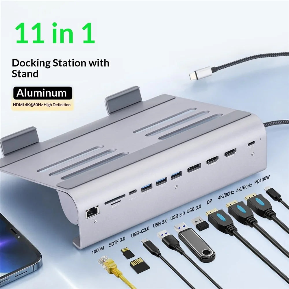 2601 Laptop Stand with Docking Station 11 in 1 PD 100W 4K HD DP RJ45 USB-C Hub - Grey - 2