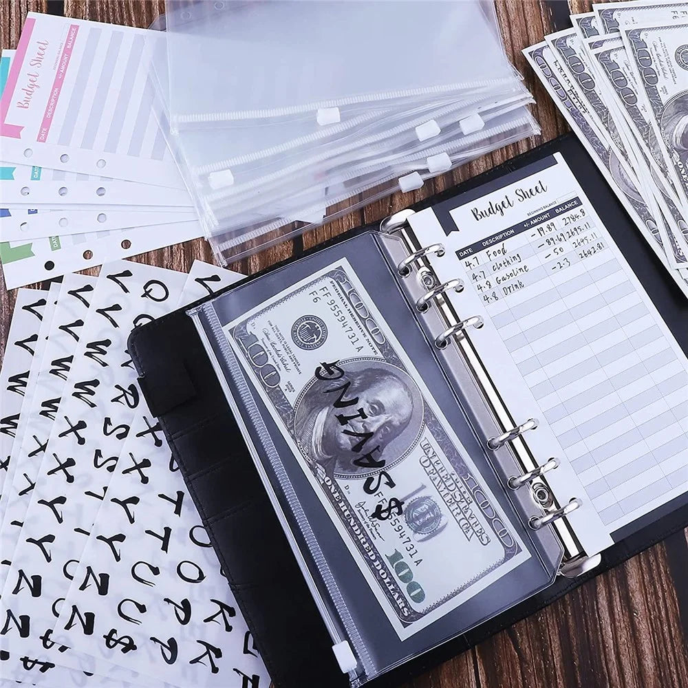 A6 Budget Binder PU Leather Budgeting Planner Organizer Book Cover with Zipper Envelopes for Budgeting, Expense Budget Sheets, Sticky Labels - Black - 5