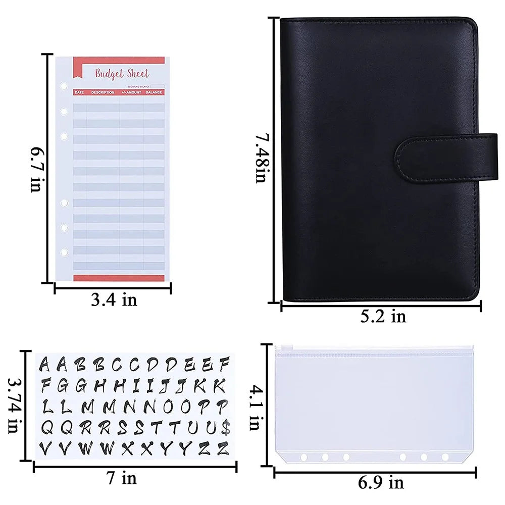 A6 Budget Binder PU Leather Budgeting Planner Organizer Book Cover with Zipper Envelopes for Budgeting, Expense Budget Sheets, Sticky Labels - Black - 7