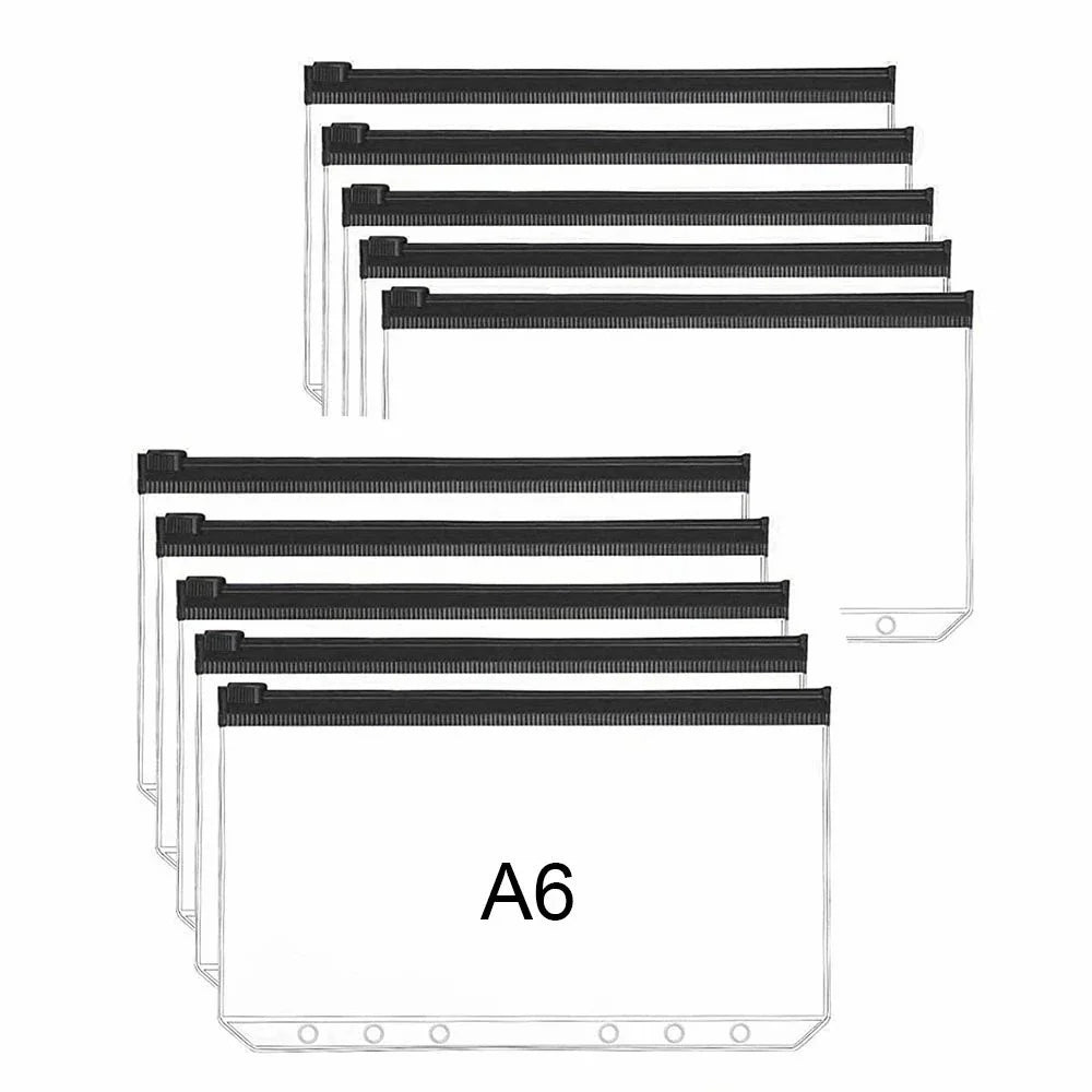 10PCS A6 Size Binder Pockets Black Zipper Binder Pouch Folders for 6-Ring Binder Loose Leaf Bags Waterproof PVC Bill Storage Bags - 1