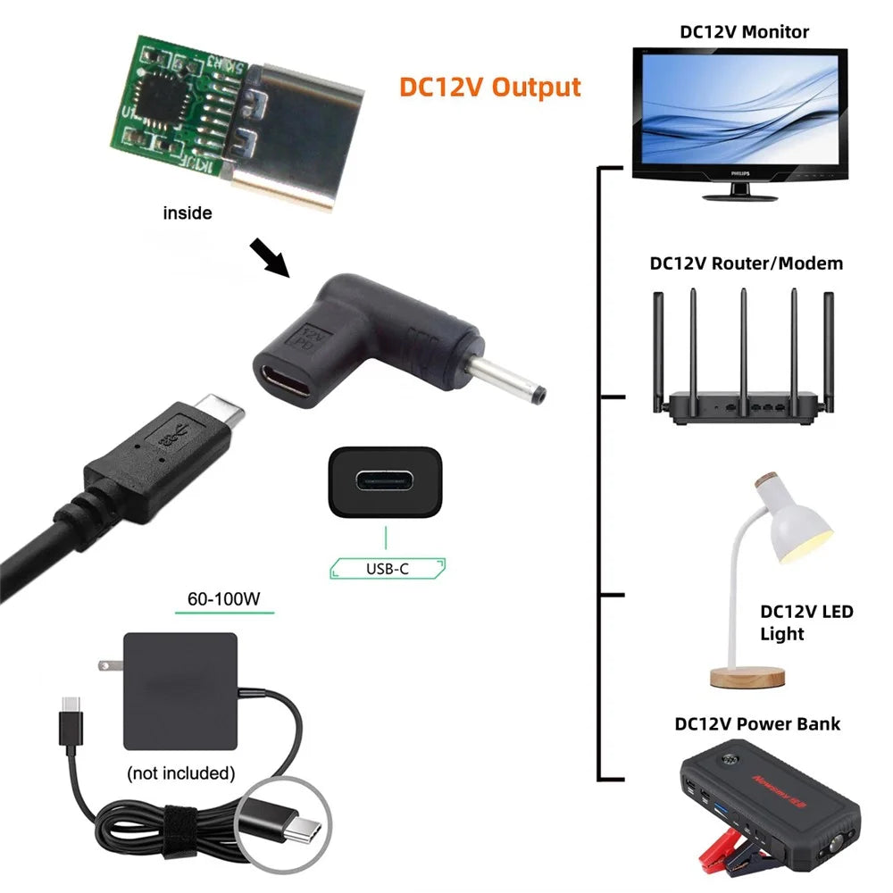 UC-090-3513MM Laptop Power Adapter USB 3.1 Type C Female to DC 12V Plug PD Emulator Trigger 90 Degree Angled Converter, DC3.5*1.3mm - 6
