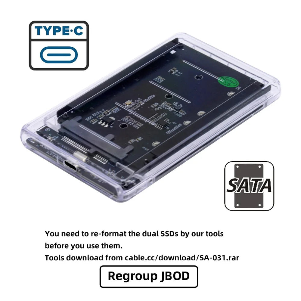 SA-049+UC-079-WH Dual MSATA Mini-SATA SSD Card JOBD Raid0 Span Bridge to USB3.0 Type-C USB-C 2.5-inch SATA Combo Enclosure - 6
