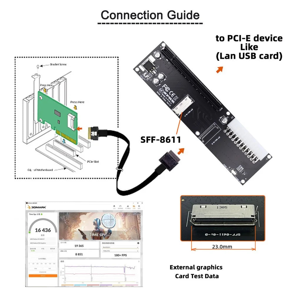 SF-066 Oculink 8X SFF-8612 SFF-8611 to PCIE PCI-Express 16X Adapter with ATX 24-Pin Power Port for Mainboard Graphics Card - 5
