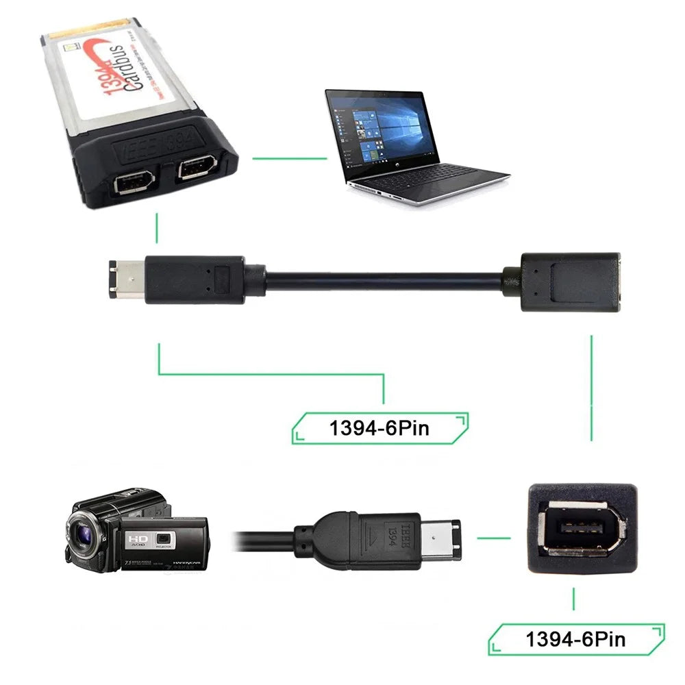 CA-001 20cm IEEE 1394 6Pin Female to 1394a 6Pin Male Extension Data Cable 400 to 400 Firewire - Black - 7