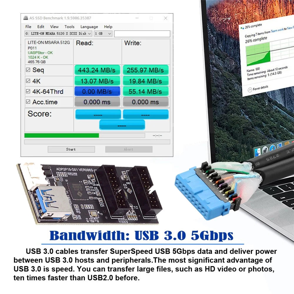 U3-084-AF Single 19 / 20Pin Header to USB 3.0 19 / 20Pin Dual Ports Female PCBA Type Adapter 5Gbps Motherboard Connector - 5