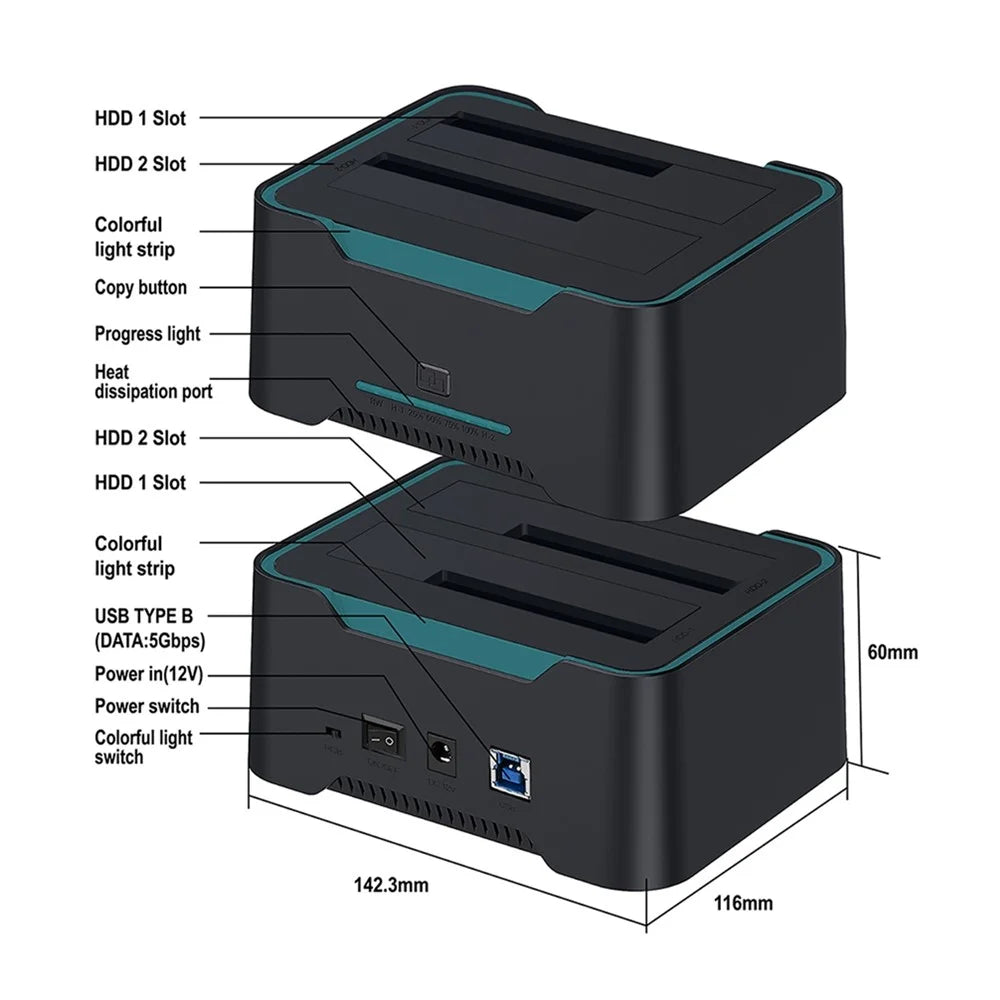 ONTEN UHD6 USB 3.0 to SATA I / II / III Dual Bay External Hard Drive Docking Station for 2.5 / 3.5in HDD, SSD - 3