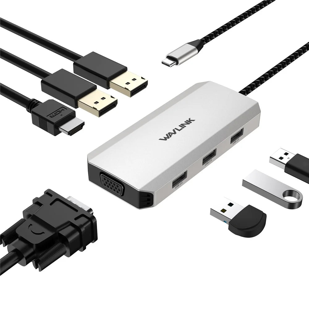 WAVLINK WL-UMD307 Hub Adapter Type-C to HD 4K@60Hz+VGA 1080P@60Hz+3xUSBA2.0+2xDP Docking Station - 3