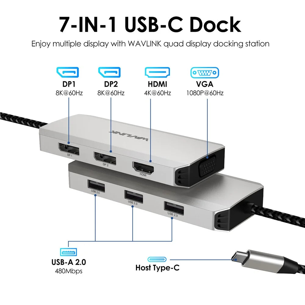 WAVLINK WL-UMD307 Hub Adapter Type-C to HD 4K@60Hz+VGA 1080P@60Hz+3xUSBA2.0+2xDP Docking Station - 5