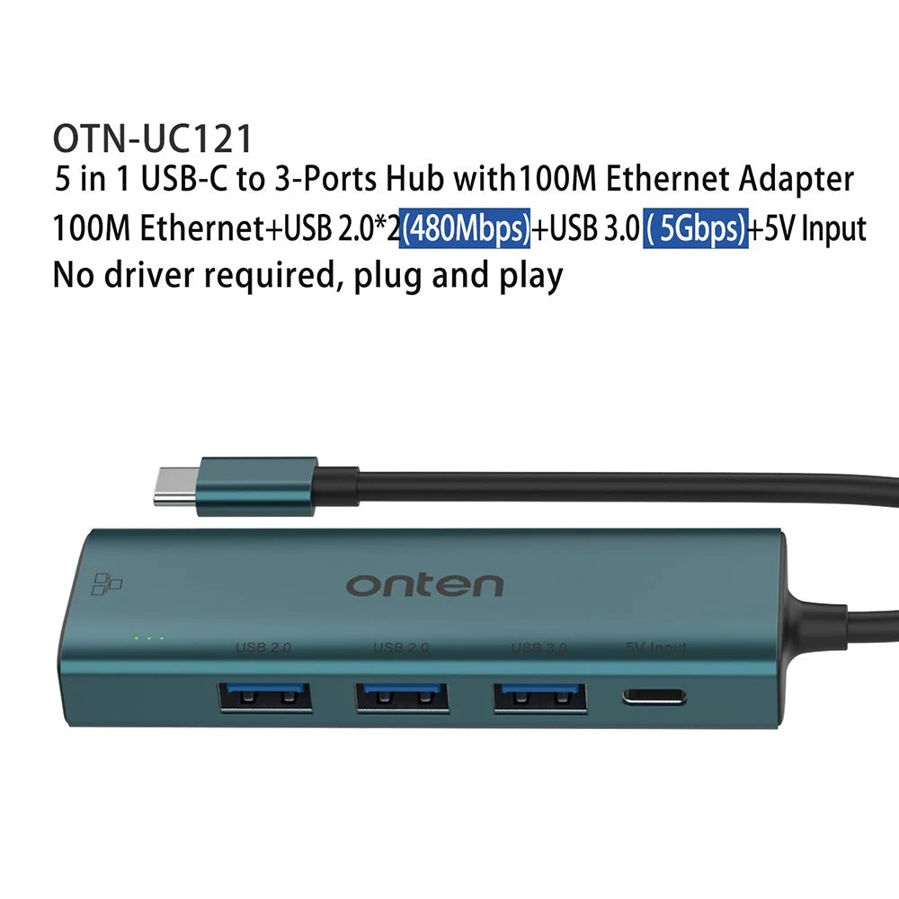 ONTEN UC121 5-in-1 USB Hub Type-C to USB3.0 + 2xUSB2.0 + Type-C Input + RJ45 100Mbps Network Adapter - 4