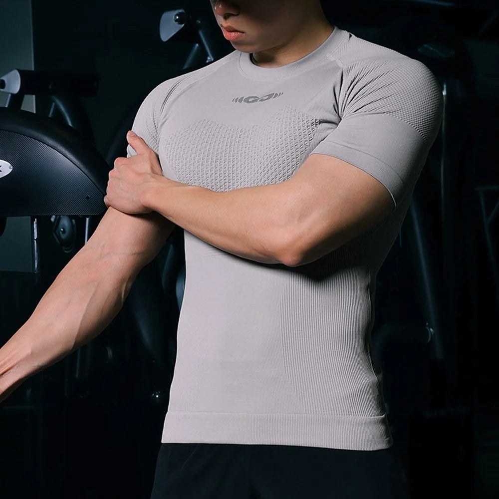 GOLOVEJOY JS02 Outdoor Sports Breathable Men Compression Short Sleeve Top for Cycling Running, Size L - Grey - 3