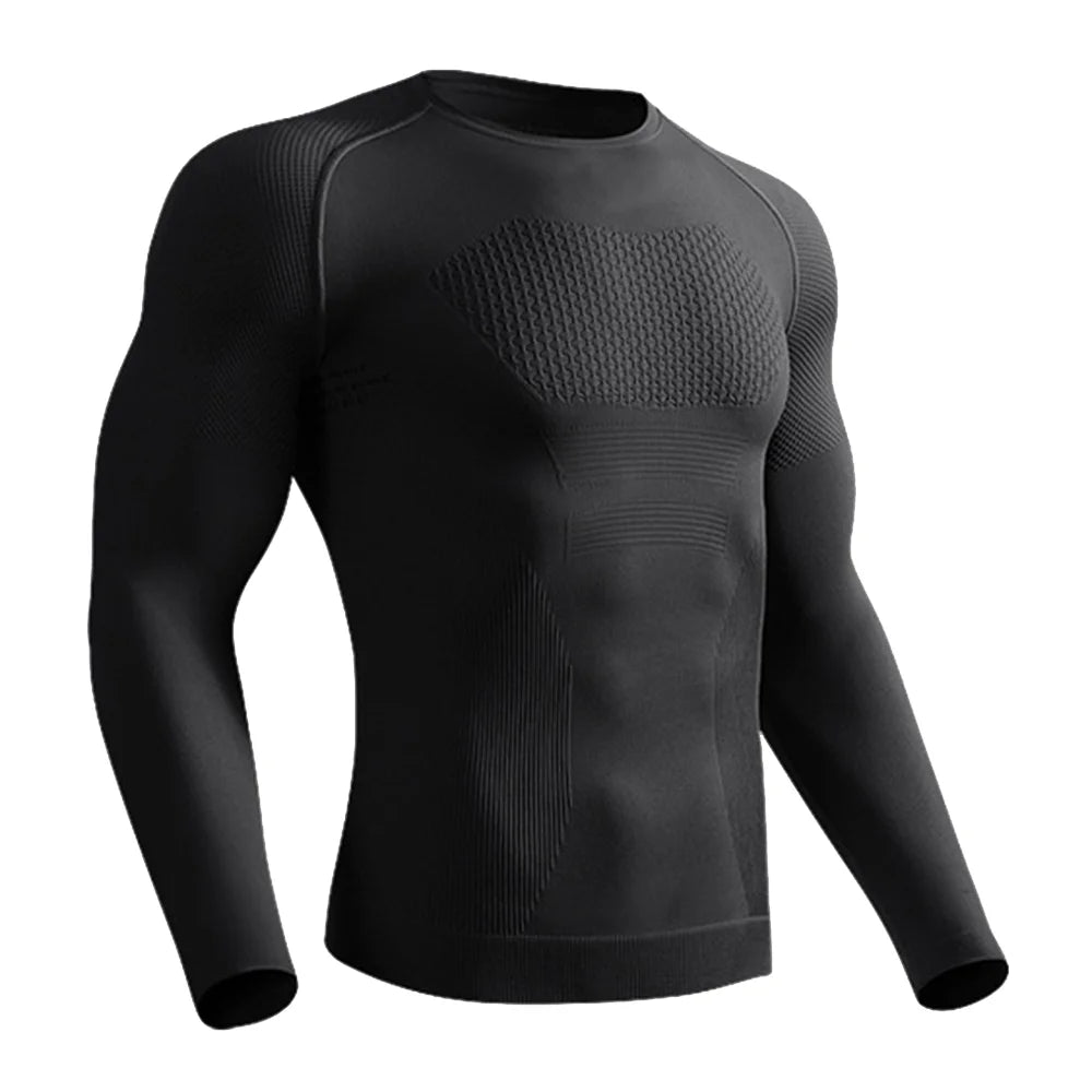 JS07 Men Seamless Athletic Long Sleeve Compression Shirt Moisture Wicking Quick Dry Training Top for Running Cycling - Black/M - 1
