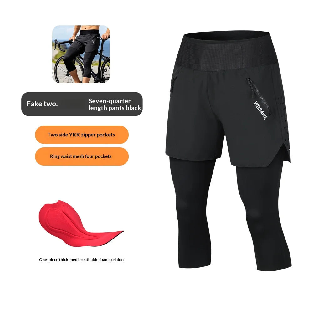 WOSAWE BF117 Fake Two-Piece Summer Cycling Capri Pants 16mm 4D Padded Mountain Bike Tights for Men Women - BF117/B Black|Asian M/European S - 5