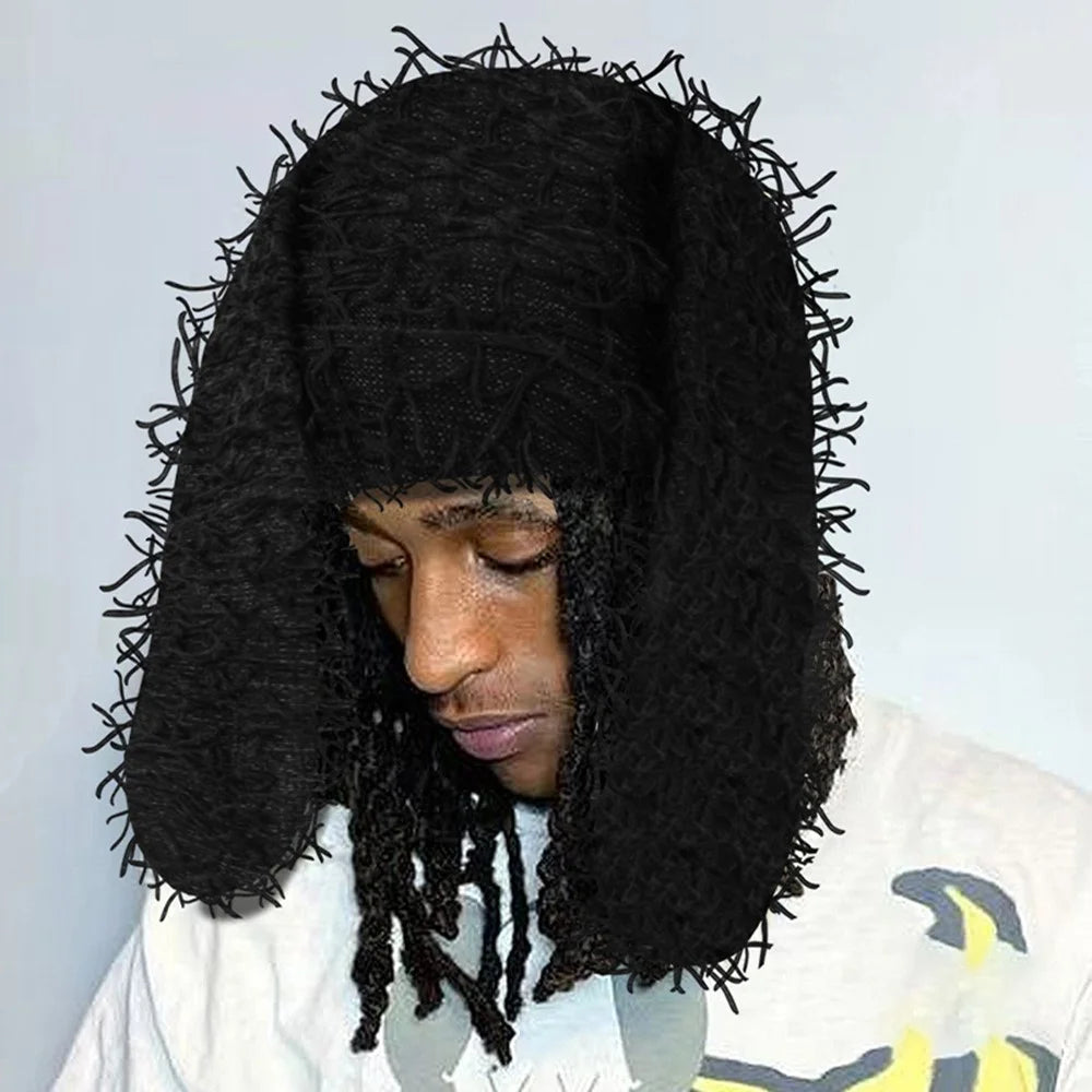 Winter Rabbit Ear Warm Knitted Ear Protection Hat Windproof Outdoor Cycling Cap - Black - 2