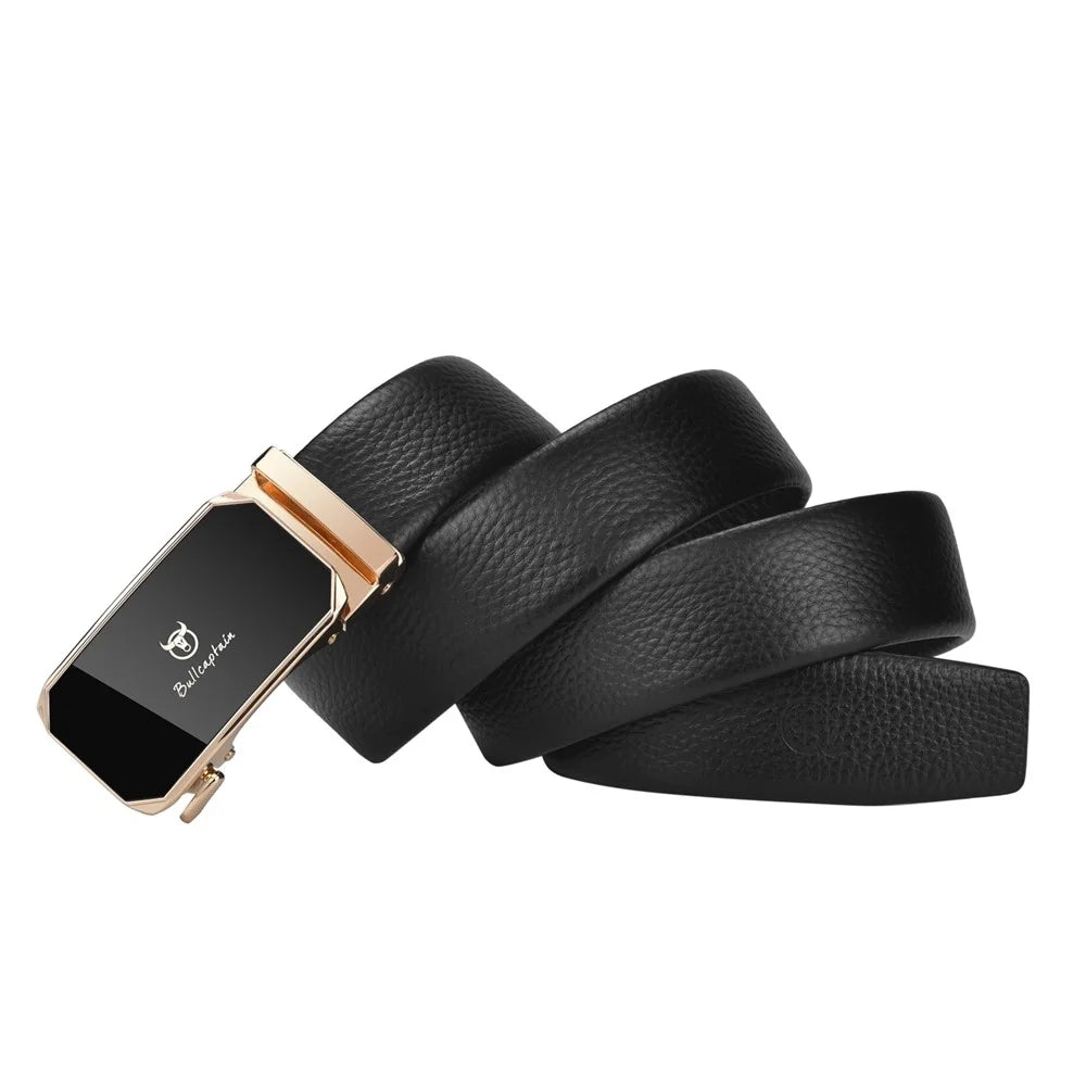 BULLCAPTAIN PD0007 125cm First Layer Cowhide Leather Men Belt Automatic Buckle Waist Belt with Keychain - Gold - 4