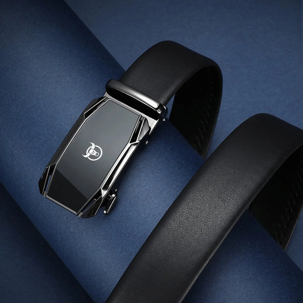 BULLCAPTAIN 0004 125cm Men Top Layer Cowhide Leather Belt Automatic Buckle Waistband with Keychain - Tarnish - 2