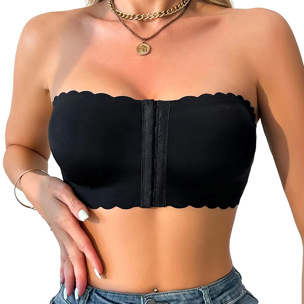 ZERILUNA Sexy Wave Edge Seamless Invisible Bra with Front Closure Push Up Strapless Brassiere - 1