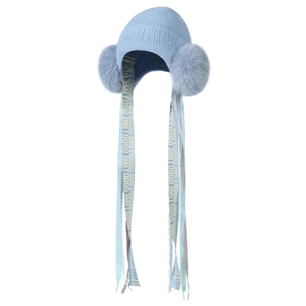 DMZ147 Women Winter Knit Hat with Ribbons Ear Protection Windproof Fleece Lined Warm Beanie for Skiing Hiking - Blue - 1