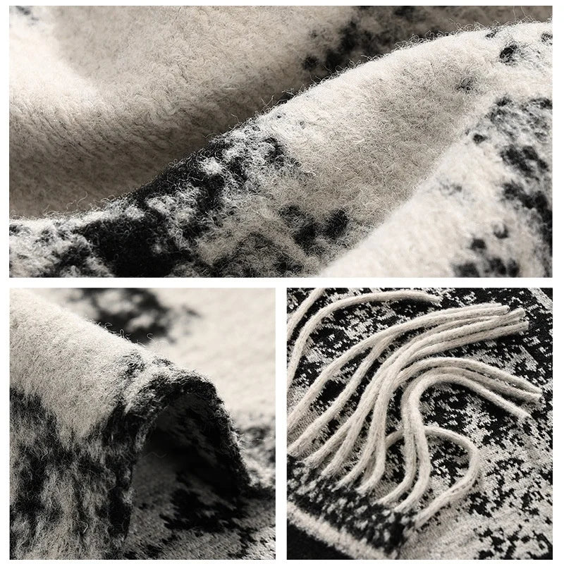 DWJ60 Ethnic Ink Painting Shawl Cape Multi-purpose Women Scarf with Tassels for Autumn Winter - Ink Black - 5