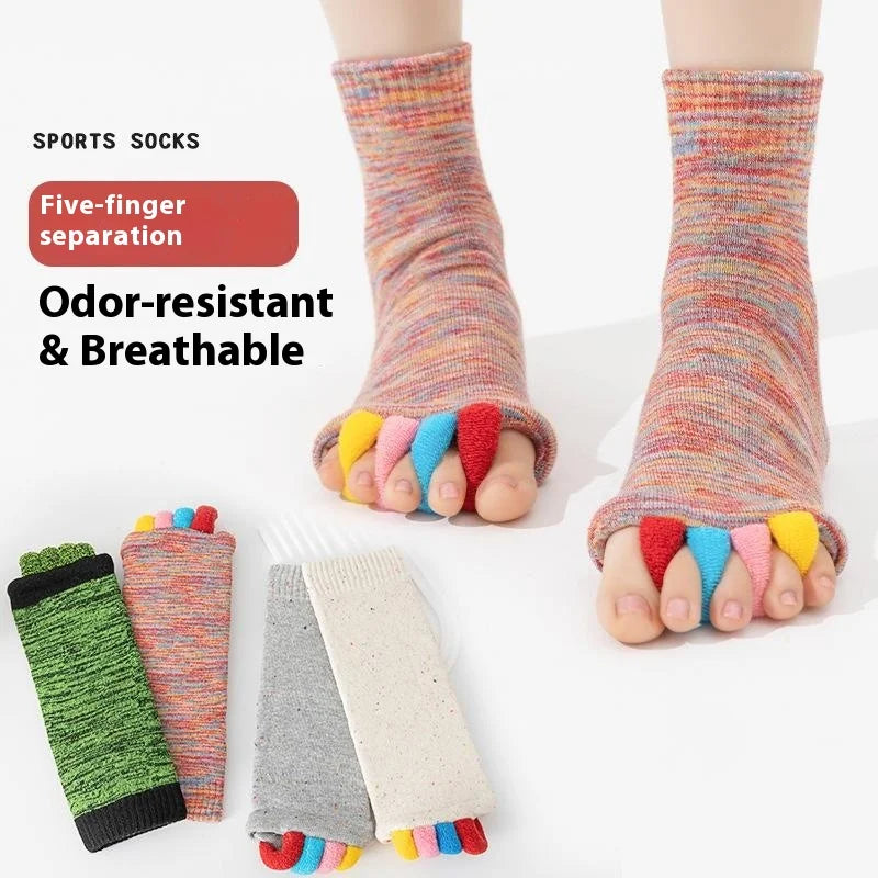 1 Pair Yoga Five Toe Separator Socks Breathable Anti Friction Bunion Corrector Mid Calf Socks, One Size - Multi-Pink - 2