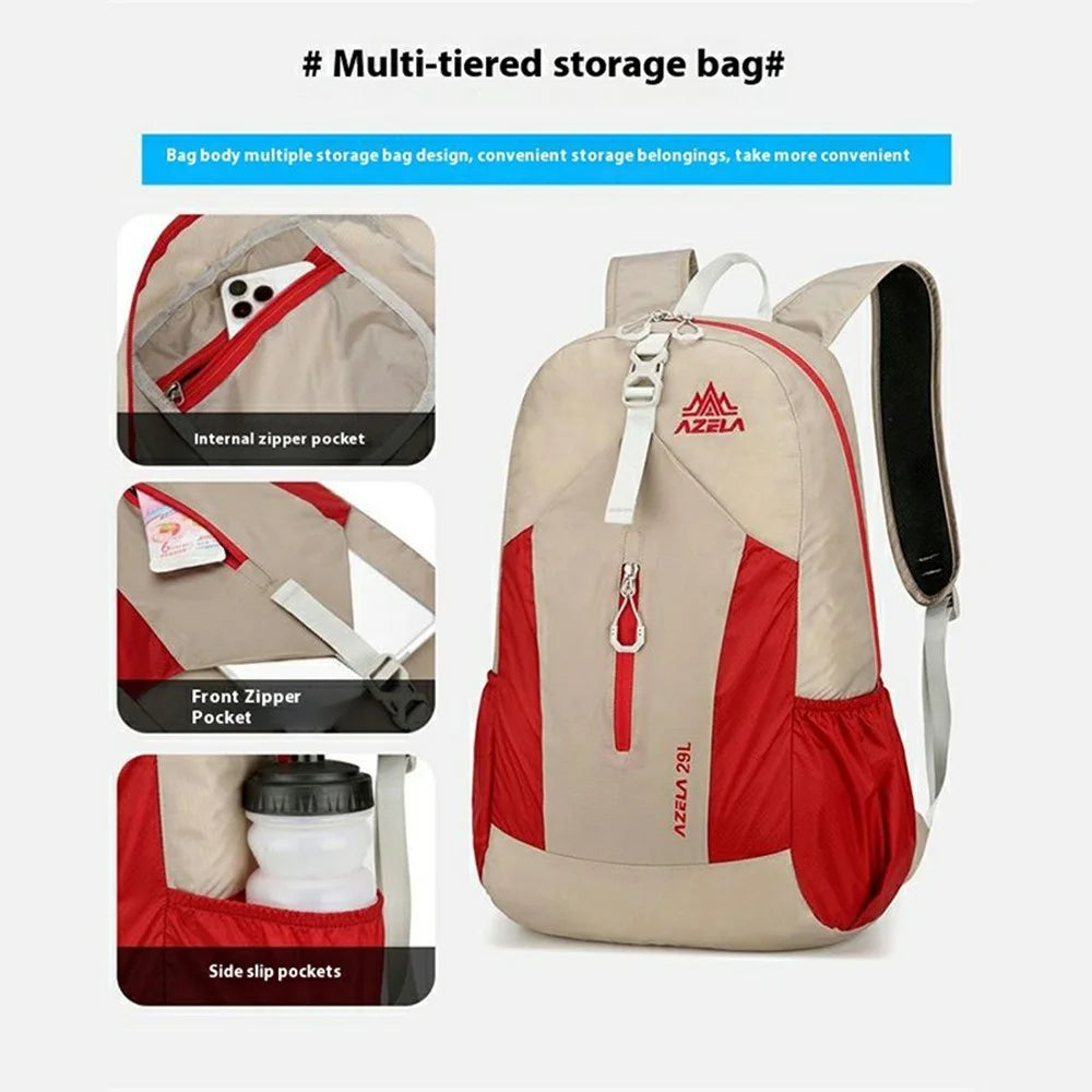 AZELA A1342 Lightweight Nylon Foldable Backpack Outdoor Hiking Climbing Travel Daypack - Khaki+Red - 2