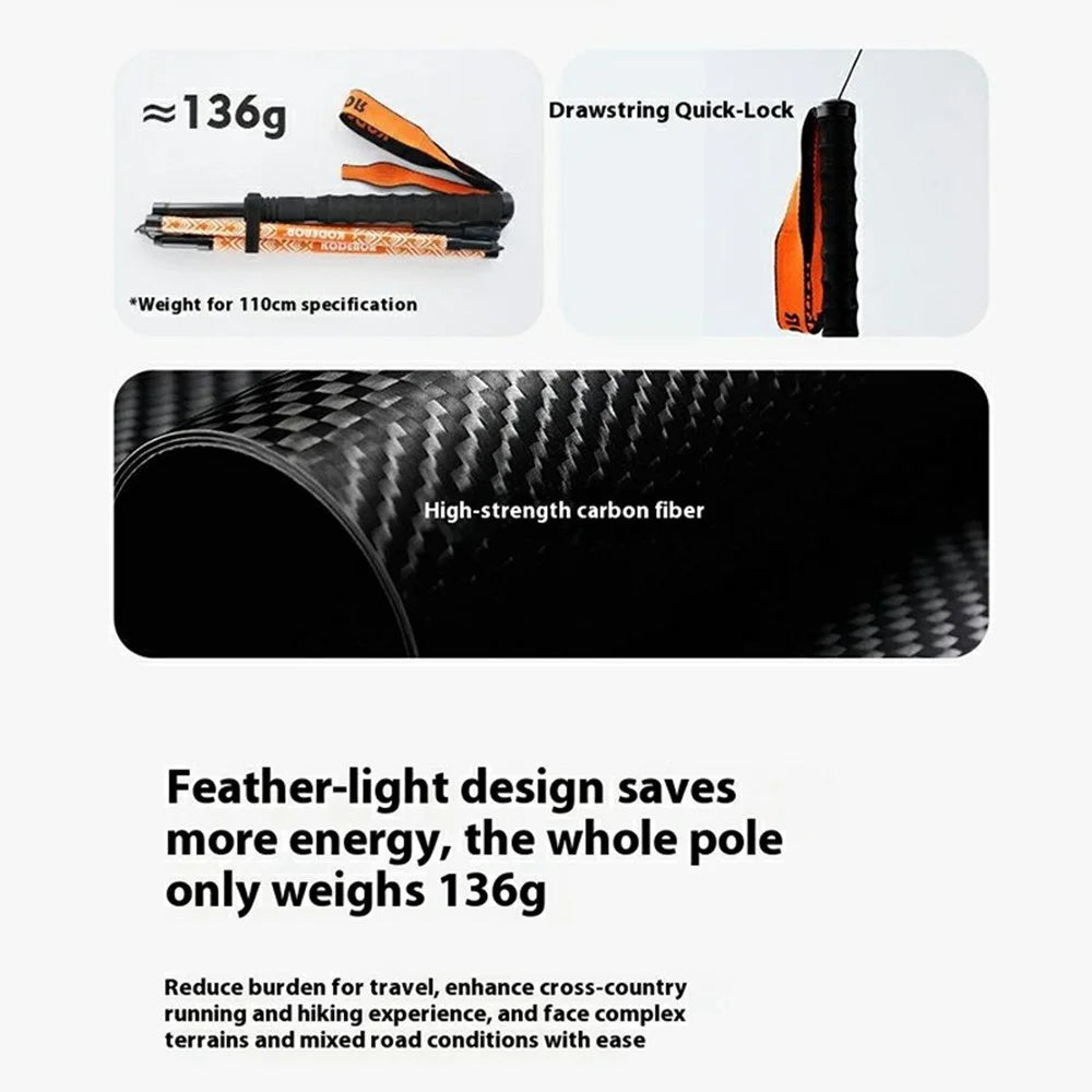 KODENOR 1Pc 110cm Outdoor Professional Trekking Pole Carbon Fiber Foldable Hiking Stick for Mountaineering - Orange - 2