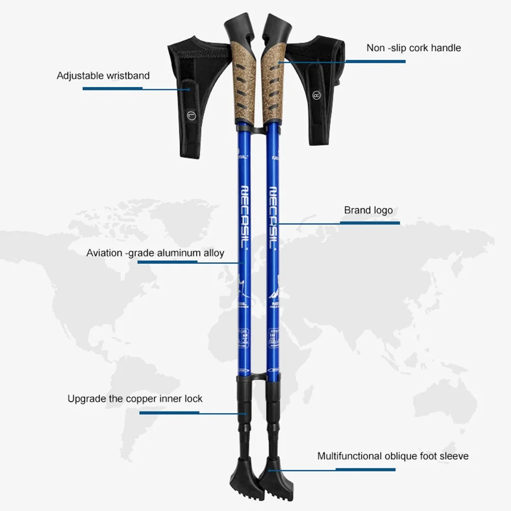 NECASIL G301 2Pcs Aviation Aluminum Alloy Alpenstock 3 Sections Telescopic Pole Embedded Lock Off-Road Hiking Stick - Blue - 2
