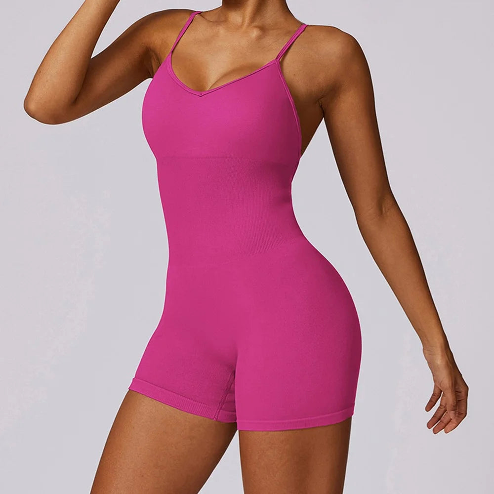 7498 Solid Color Slim Fit Yoga Fitness Jumpsuit Highly Elastic Sleeveless Women Jumpsuit - Rose S - 2
