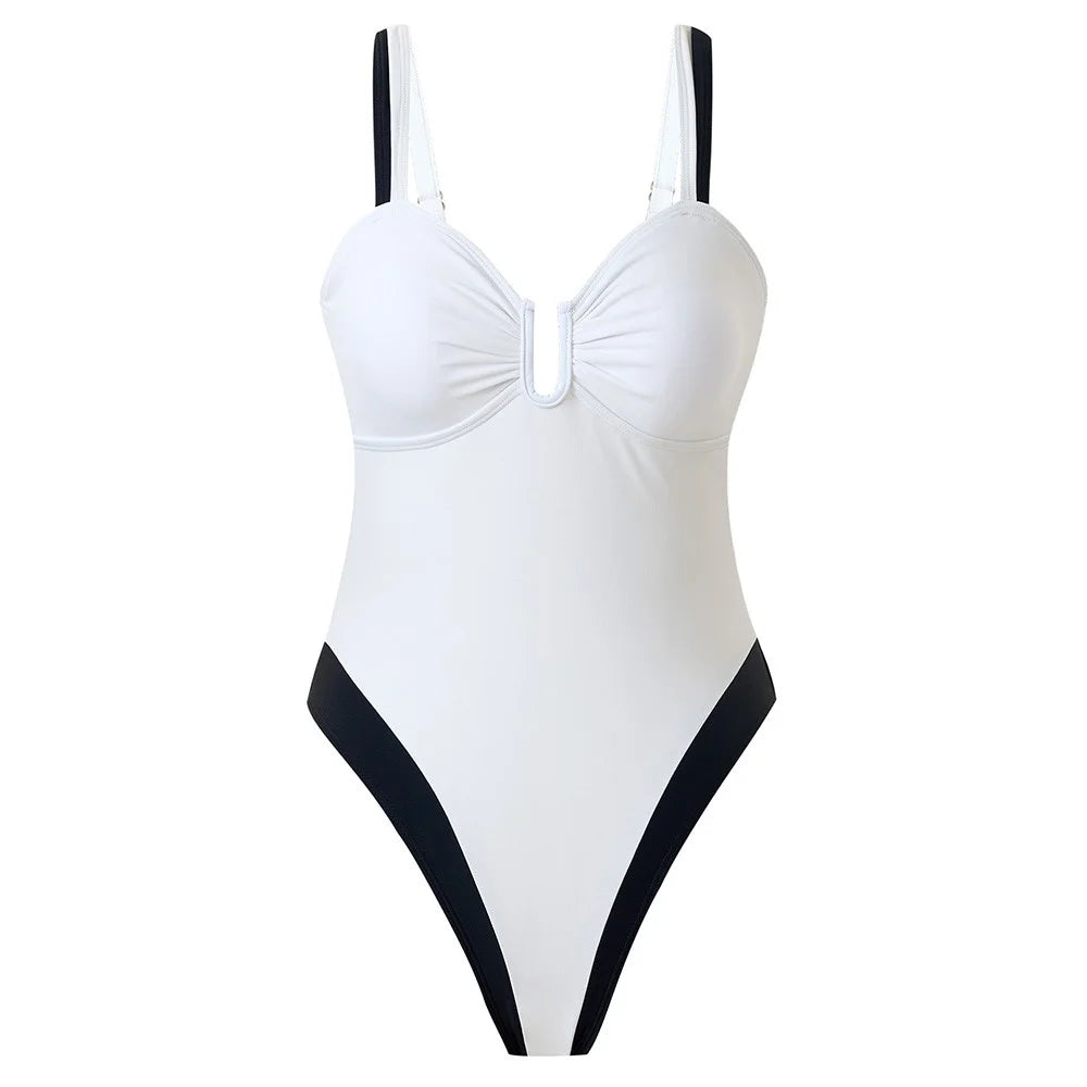 Y1153 Women Two-Tone One-Piece Swimsuit Tummy Control V-Neck Slimming Swimwear, L Size - White - 1