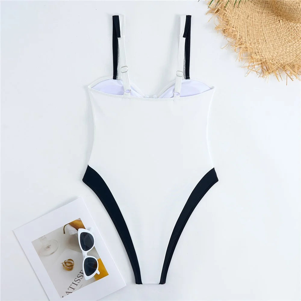 Y1153 Women Two-Tone One-Piece Swimsuit Tummy Control V-Neck Slimming Swimwear, M Size - White - 4