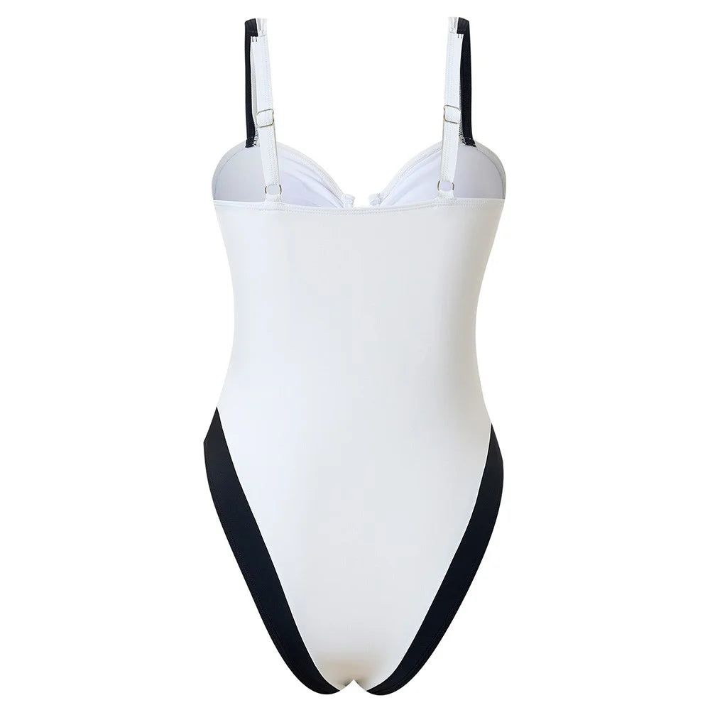 Y1153 Women Two-Tone One-Piece Swimsuit Tummy Control V-Neck Slimming Swimwear, S Size - White - 2
