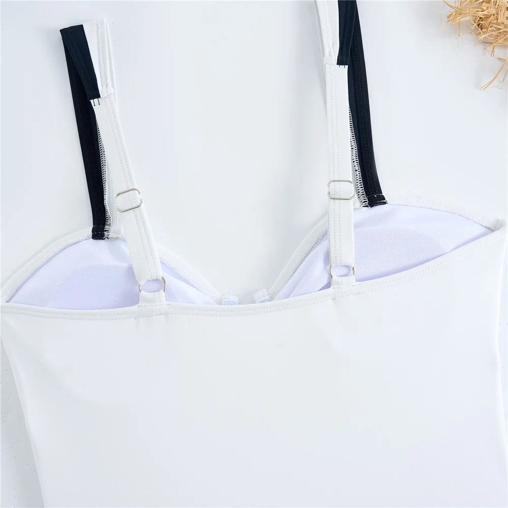 Y1153 Women Two-Tone One-Piece Swimsuit Tummy Control V-Neck Slimming Swimwear, S Size - White - 6