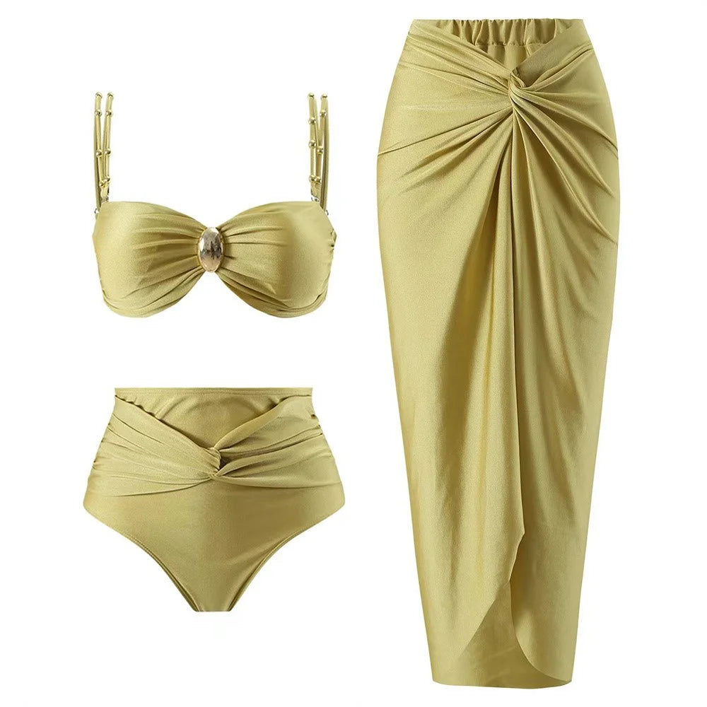 Y348 3 Piece High Waist Bikini Set Padded Bra + Bottom + Skirt Women Swimsuit, M Size - Yellow - 1