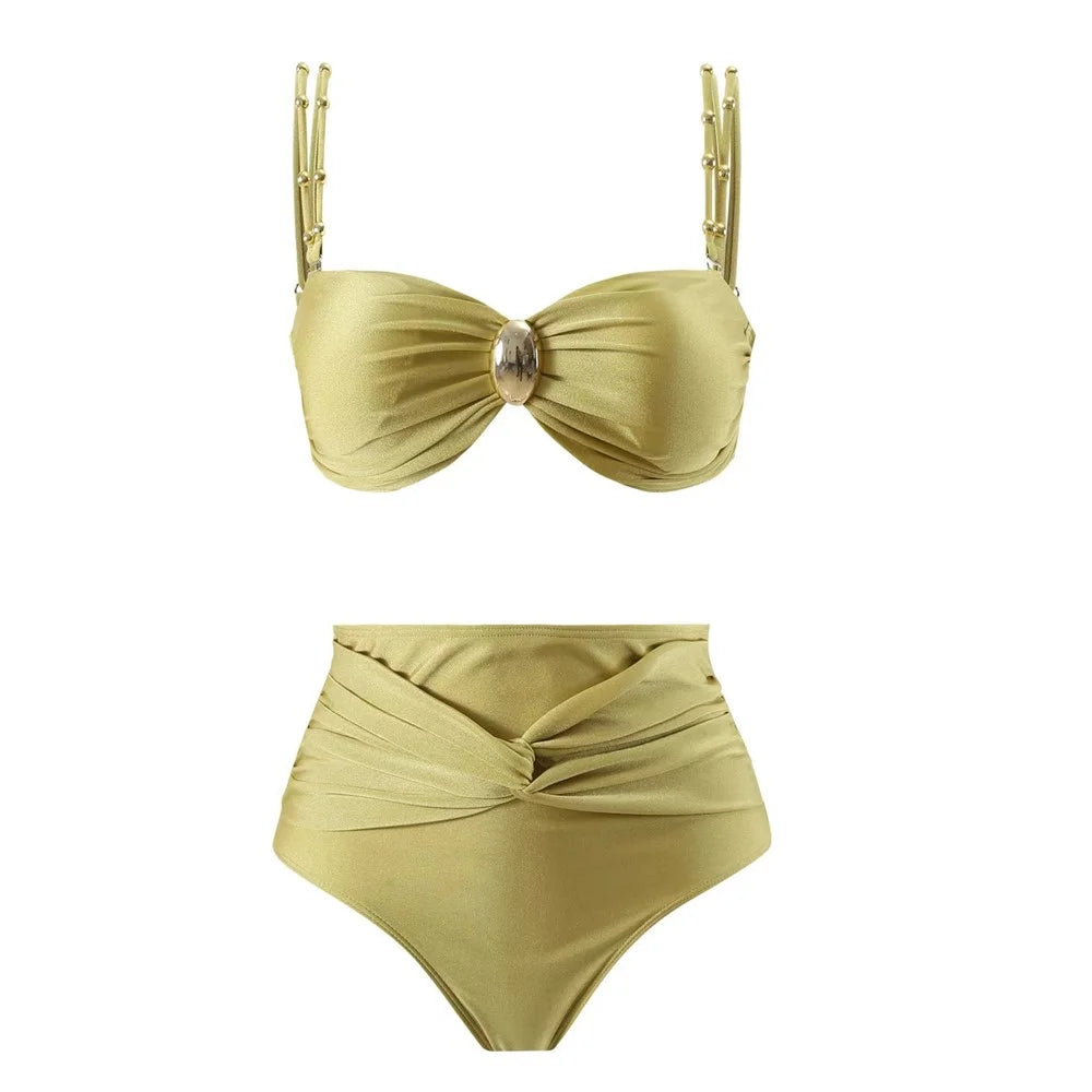 Y348 3 Piece High Waist Bikini Set Padded Bra + Bottom + Skirt Women Swimsuit, M Size - Yellow - 2