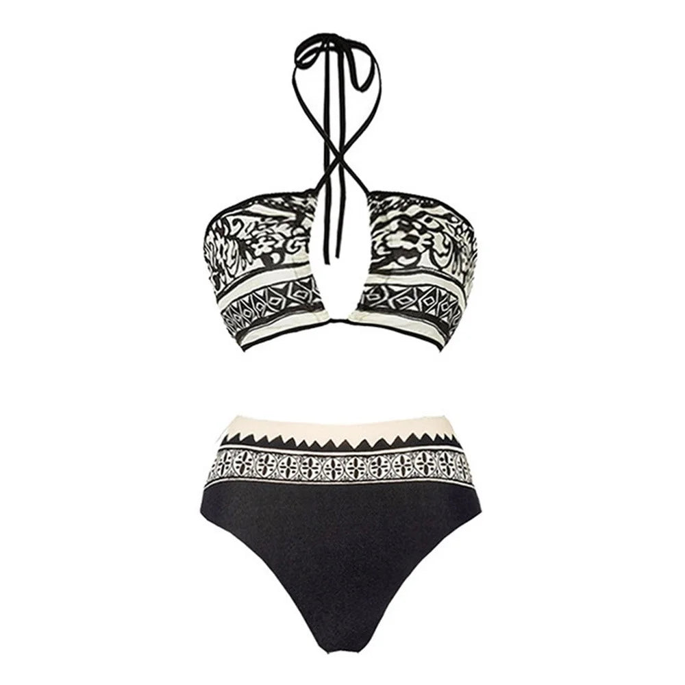 Y357 Retro Print Bikini Swimsuit 3-Piece Swimwear For Women European Style Beach Vacation Swimwear - Black  /  XL - 4