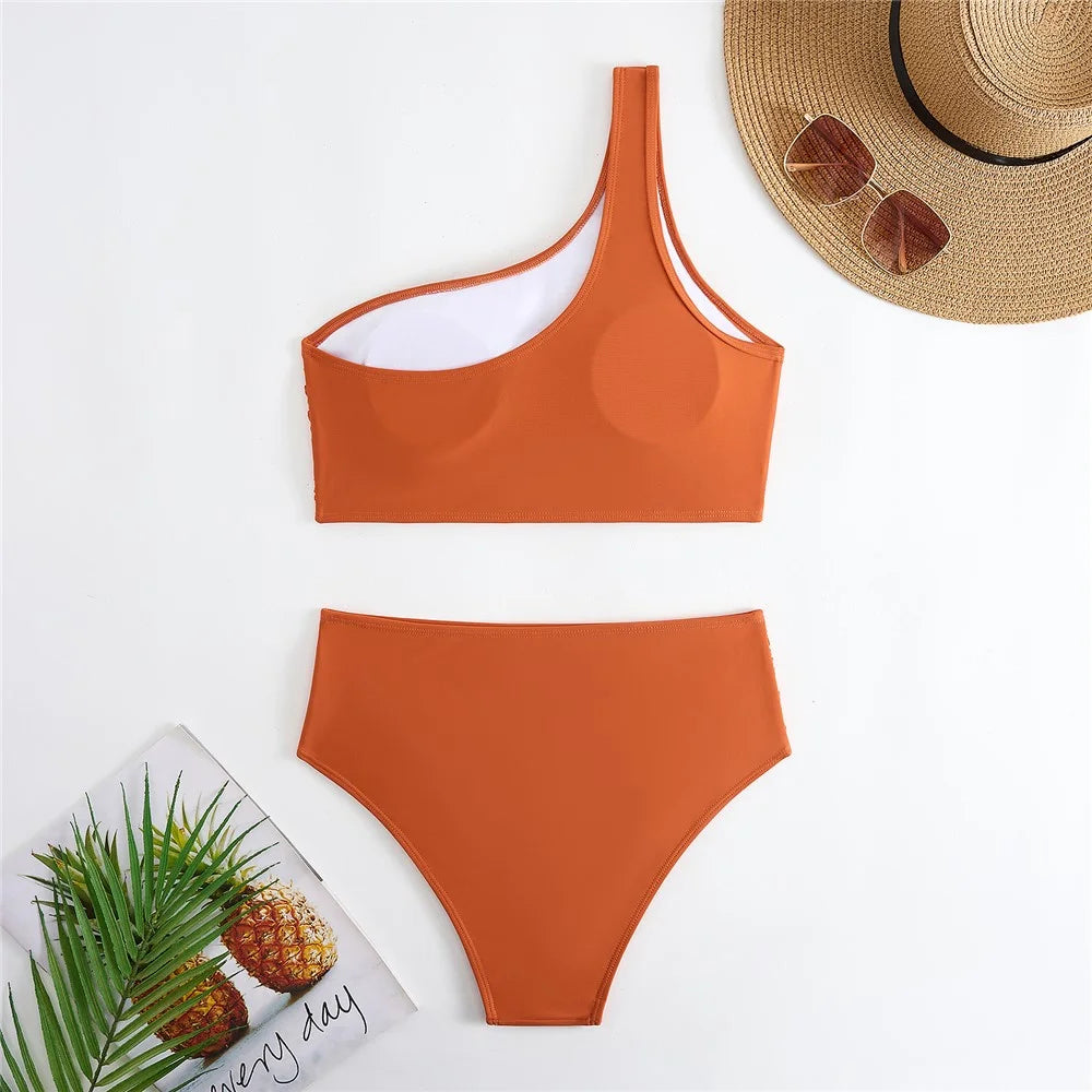 Y1009 Bikini Swimsuit High Waist 3-Piece Bathing Suit for Women Solid Color Swimwear Set Beach Wear - Brown  /  S - 4