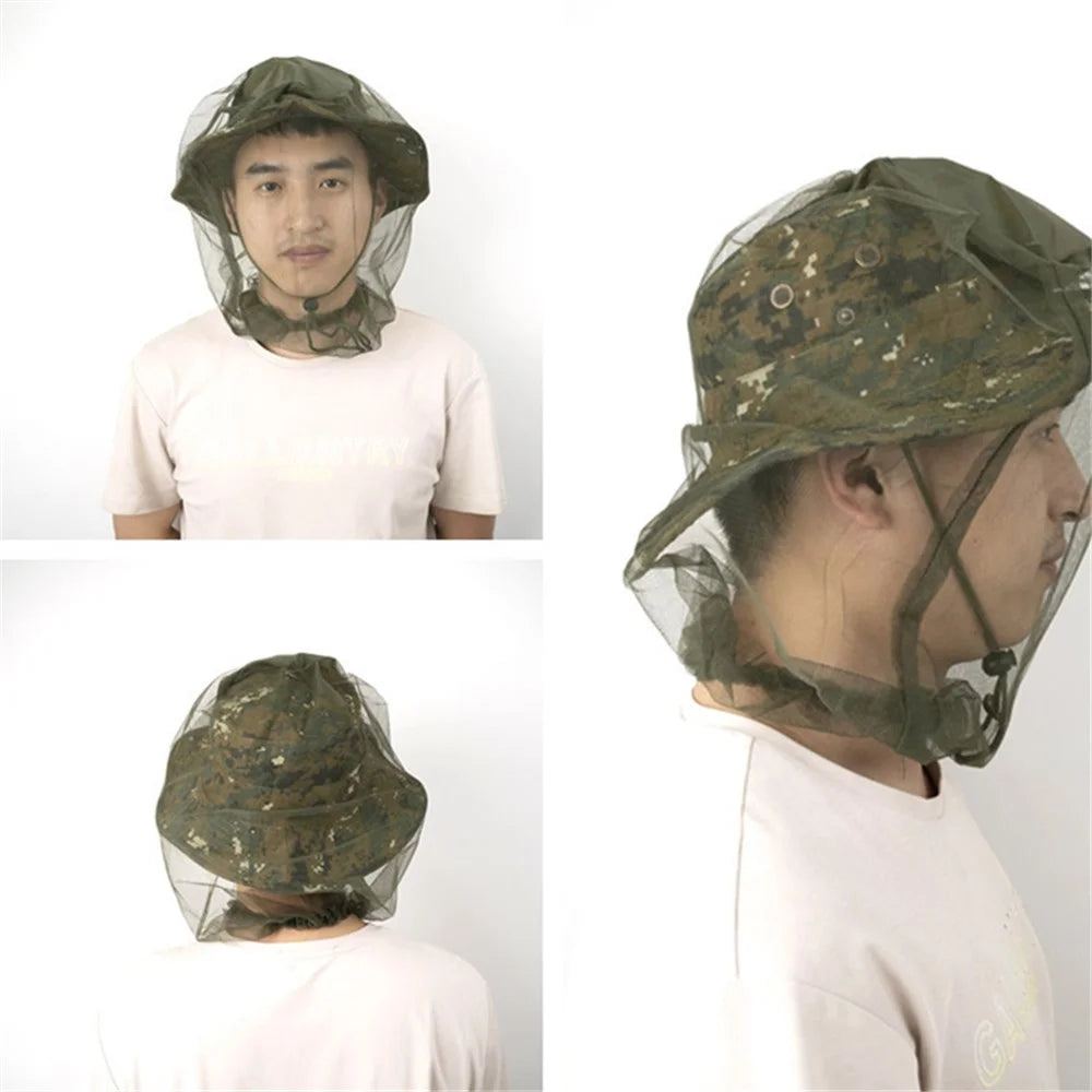 AOTU Camouflage Bucket Hat Cap with Anti-mosquito Head Net Face Mesh for Outdoor Camping Fishing - Khaki - 7