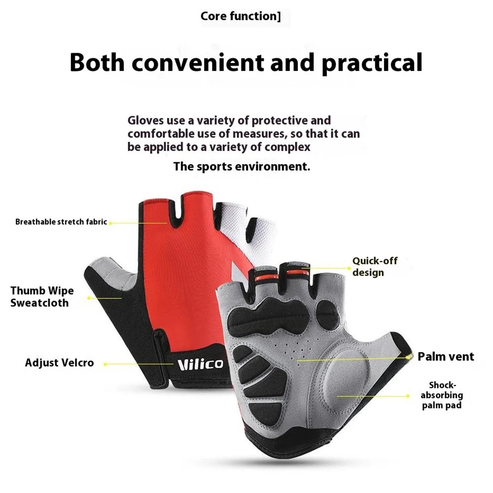 VILICO A0066V 1 Pair Size L Cycling Fitness Fishing Outdoor Sports Gloves Shock Absorbing Anti Slip Half Finger Gloves - Red - 6